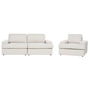 Set da salotto in tessuto beige chiaro imbottito a 4 posti con poltrona, schienale imbottito, divano classico per il soggiorno.