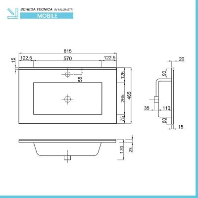 Mobile bagno sospeso 80 bianco lucido con lavabo e specchio LED  Eva