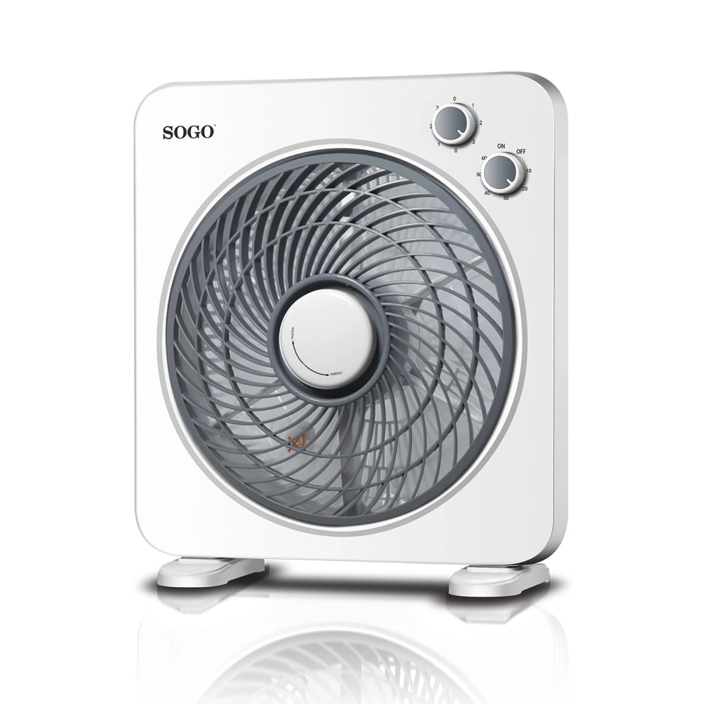 Ventilatore box da tavolo 25cm, 5 pale, 3 velocità, timer 1 ora, griglia orientabile multidirezionale 45W - SOGO