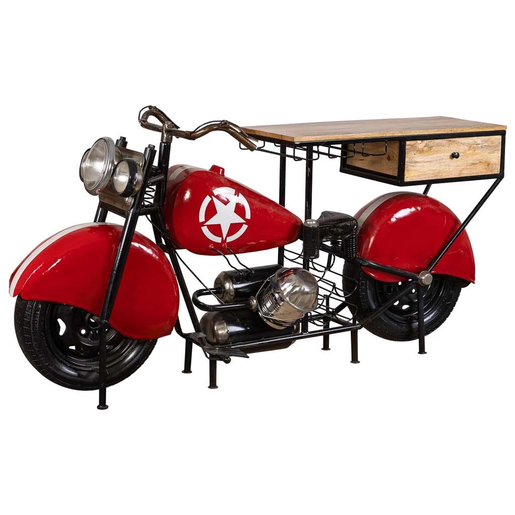 Barra portabottiglie moto in legno rosso e metallo 200x43x94h