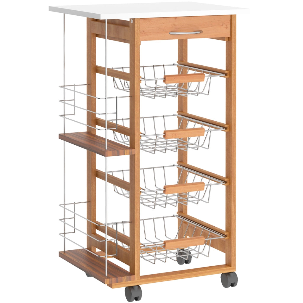 Carrello da Cucina in Legno Marrone con 1 Cassetto e 4 Cestelli Metallici