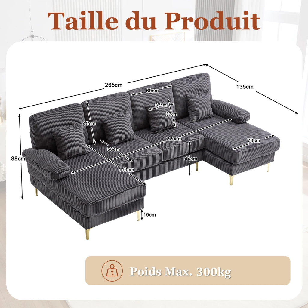 Divano a U con Illuminazione LED e Porta USB; Schienale Ergonomico e Seduta Profonda in Velluto Grigio