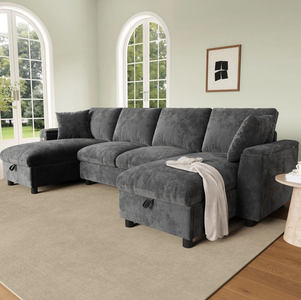 Divano a U ULEVR 279x135x84 cm in ciniglia grigia con 2 chaise longue contenitore, USB e Type-C