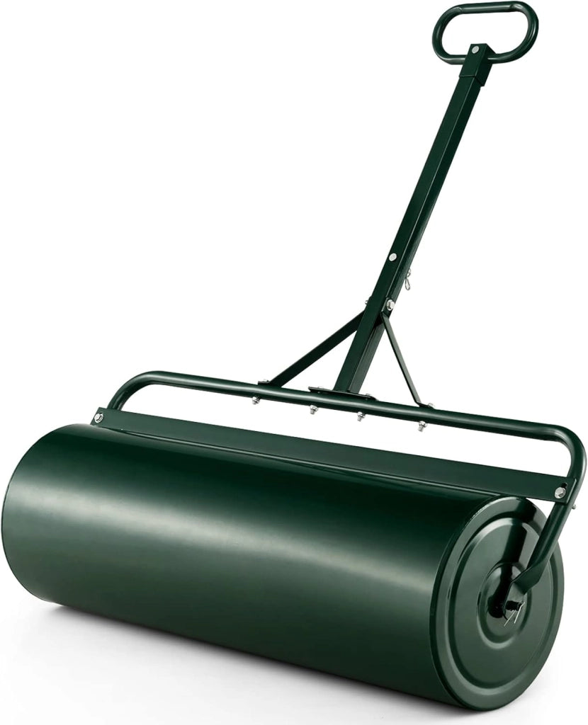 Rullo da Giardino Ø30 cm e 90 di Larghezza, Rullo da Prato in Metallo Manuale e per Trattorino, Rullo con Raschiatore Antisporco e Riempibile con Acqua/Sabbia (Verde, 63L)