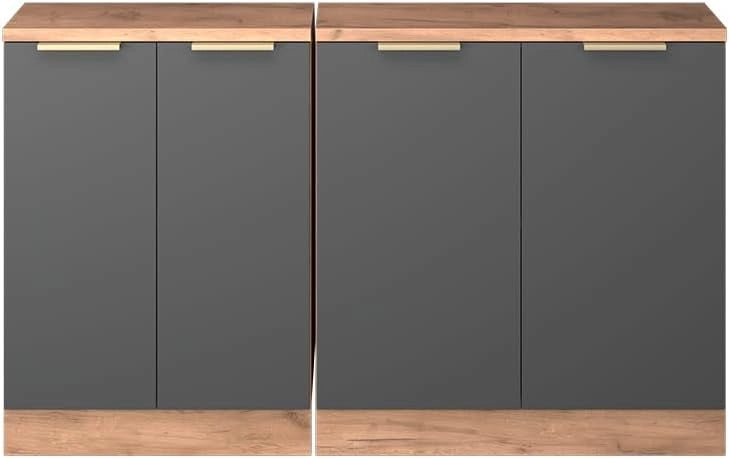 Set di mobili sottotetto Rion, Antracite-oro, 140 cm Set di 2 carcasse armadio profondità 60 cm, adatto per il salvaspazio sotto tetti spioventi