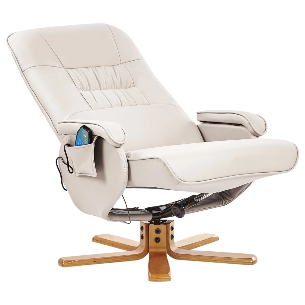 Poltrona reclinabile in similpelle beige chiaro con poggiapiedi, girevole, regolabile, massaggiante e riscaldante con sgabello