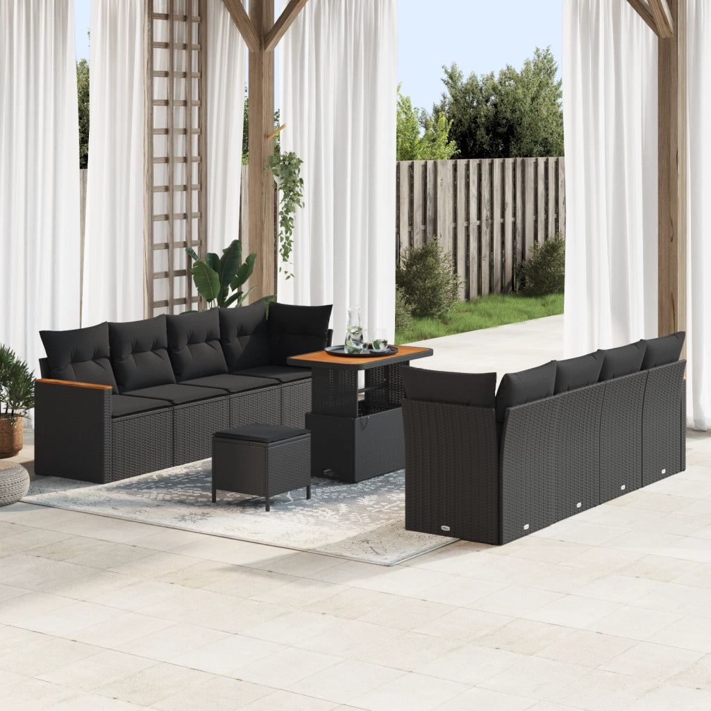 Set Divano da Giardino da 11 Pezzi con Cuscini Rattan Nero Acacia