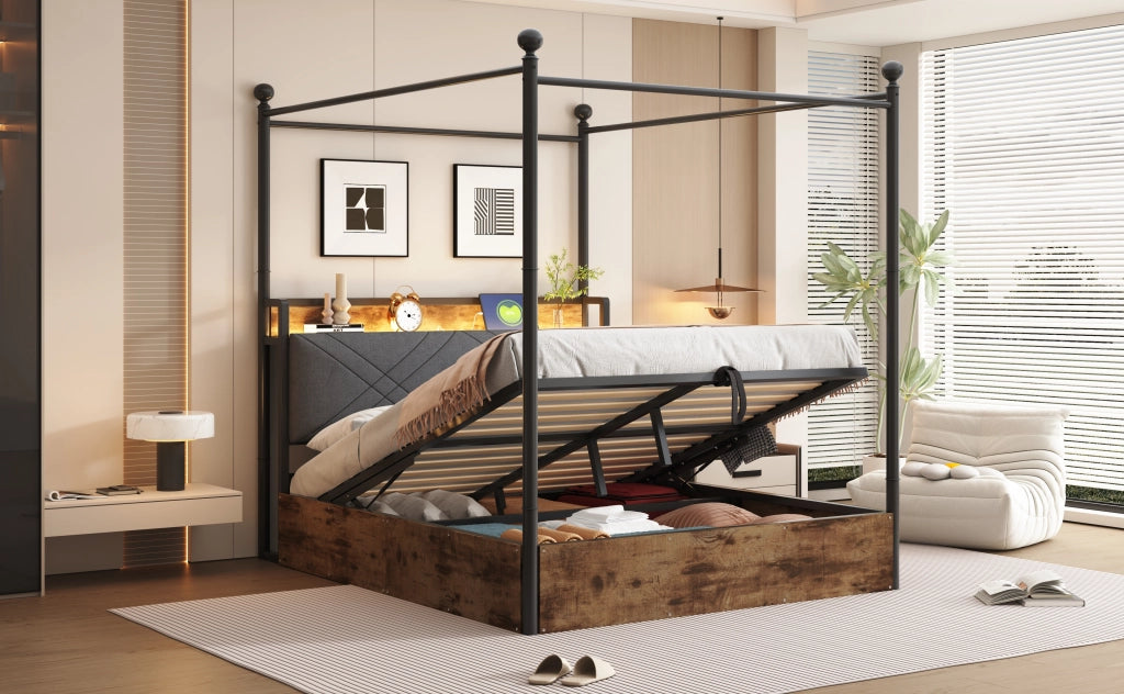 Letto matrimoniale multifunzionale 140x190 cm in metallo nero con baldacchino rimovibile, LED smart, USB/Type-C e contenitore idraulico