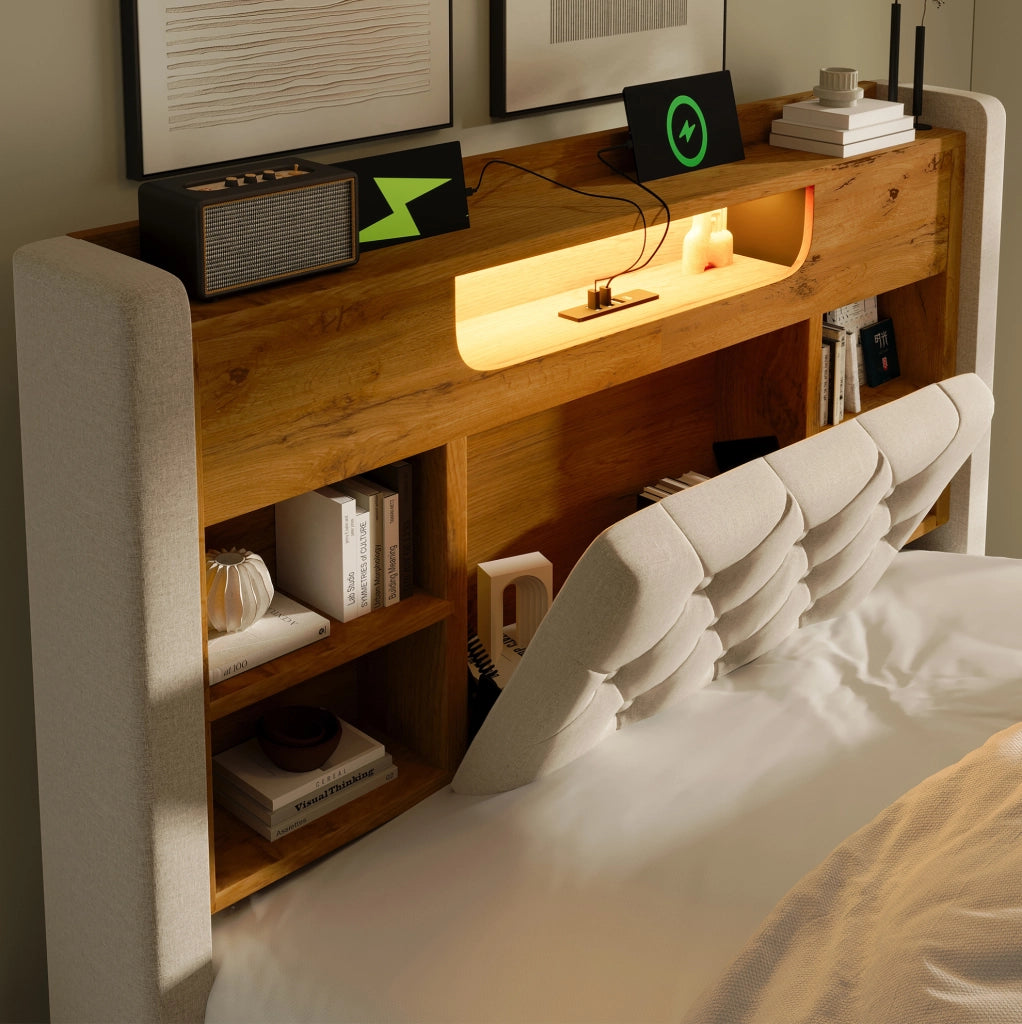 Letto matrimoniale 90x200 cm con contenitore idraulico; LED e porte USB; in lino beige