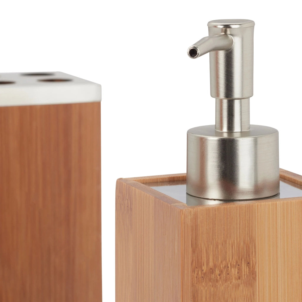 Set da bagno 6 pezzi dispenser di sapone scopino per WC portaspazzolino porta cestino in bambù 13_0002519