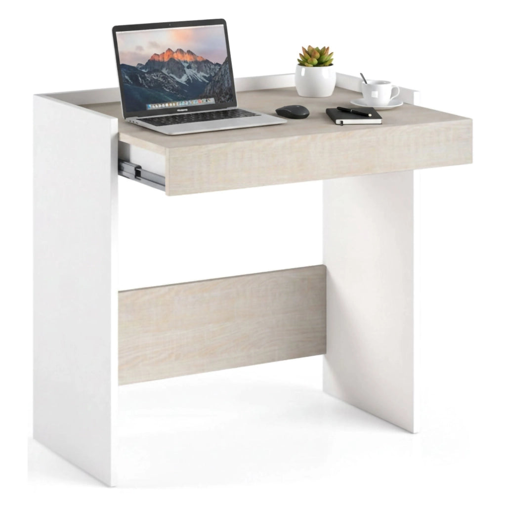 Scrivania Adri, Scrittoio moderno con cassetto, Tavolo da studio o ufficio porta PC portalibri, Made in Italy, Cm 80x40h79, Bianco e Rovere