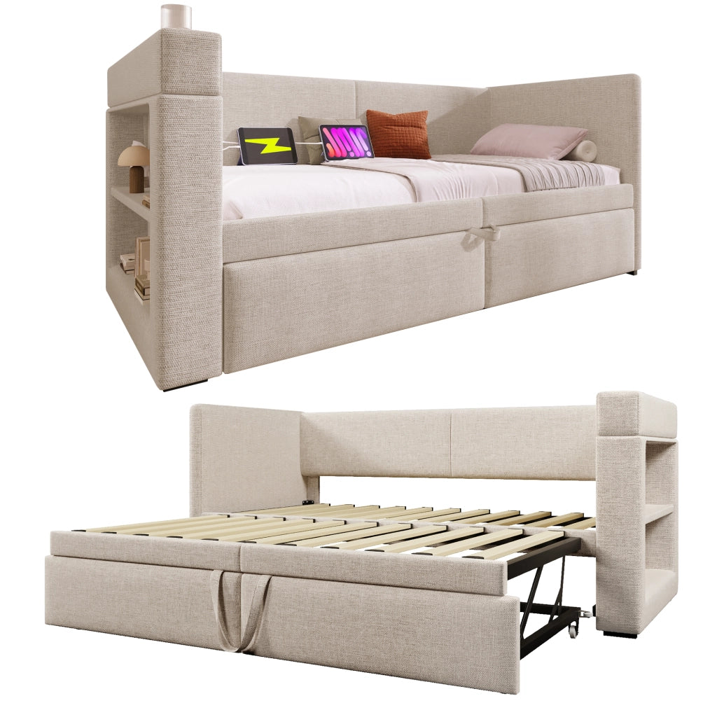 Divano letto estraibile 90x200 cm, letto singolo con porta USB e Tipo-C, beige, senza materasso