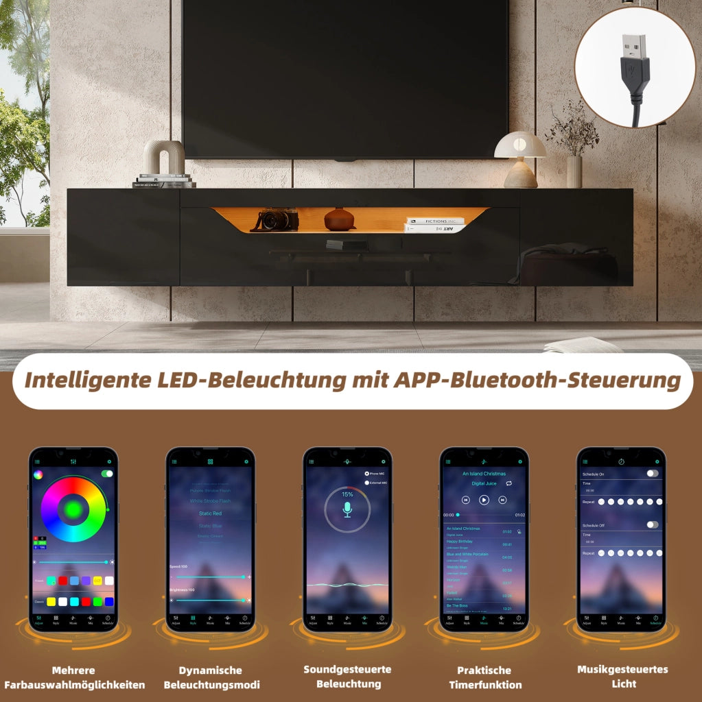 Mobile TV sospeso 180 cm con LED, 3 vani e frontale lucido nero/legno