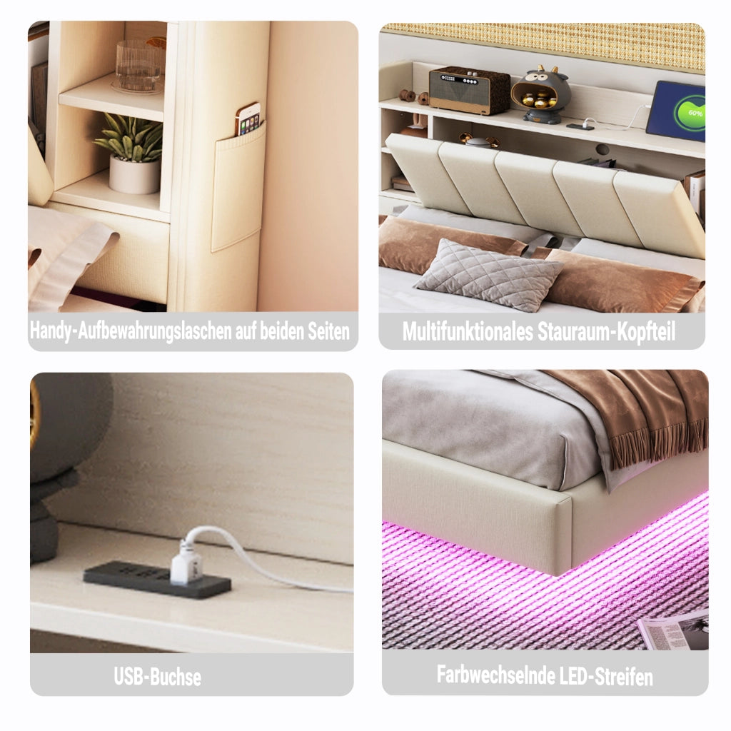 Letto Contenitore 160x200 cm; Matrimoniale; USB; LED; Ripiani in Tessuto Beige