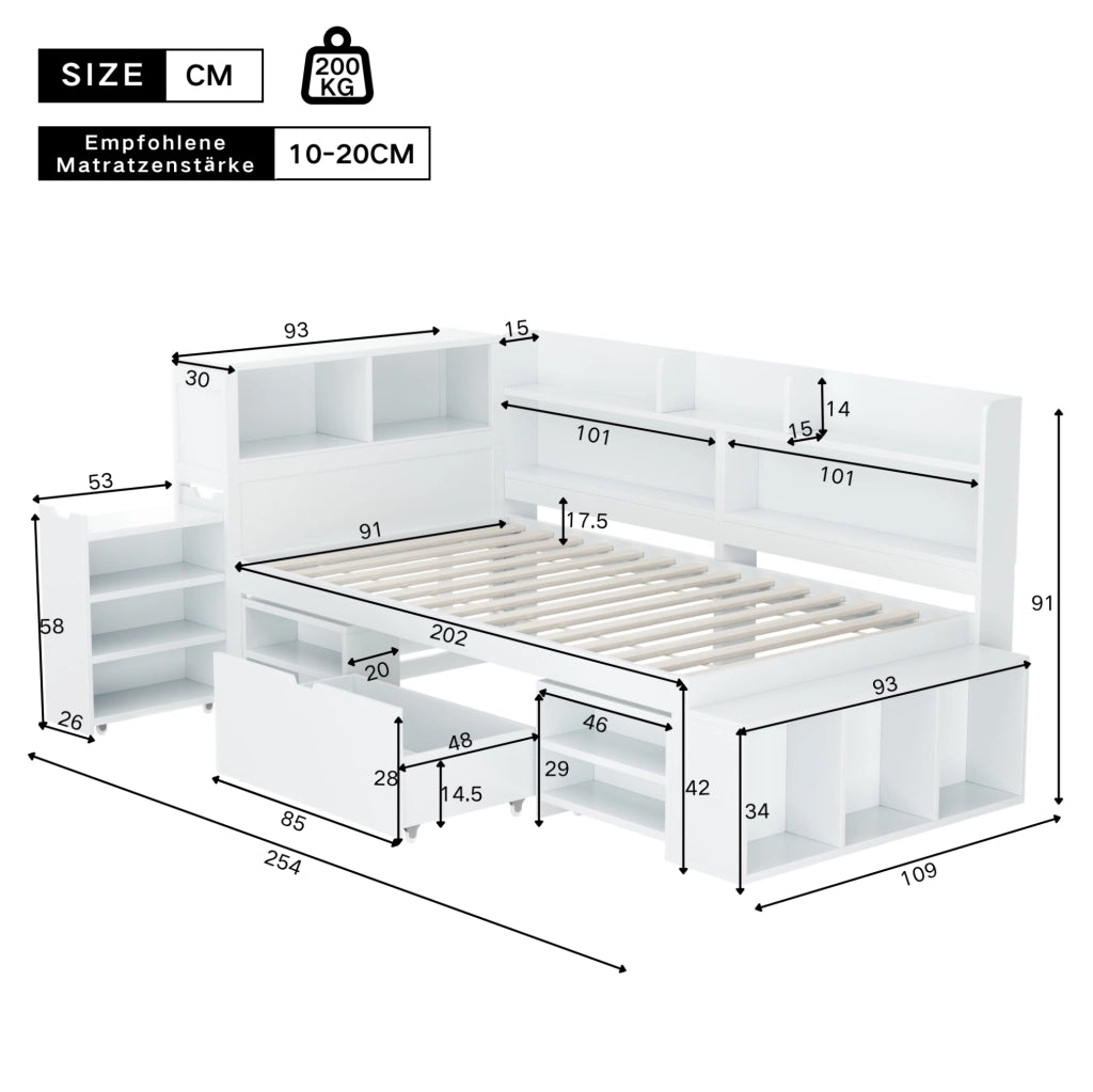 Letto per bambini 90x200 cm multifunzione con ripiani e cassetti; compensato bianco (Senza materasso)