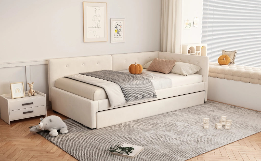 DESMIU Divano letto 90 × 200 cm 1 posto con letto estraibile, senza materasso, in velluto e MDF, beige