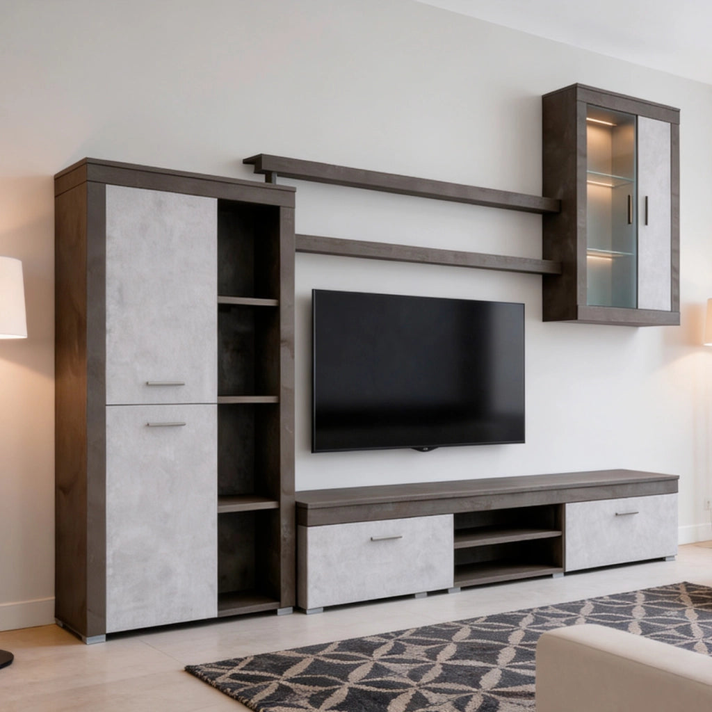 Parete Attrezzata Moderna Con Mobile TV Ante Vetrinetta Mensole E Vani A Giorno Moduli Sospesi Per Soggiorno Salotto 293 X 193 X 50 Cm Ossido E Grigio Cemento