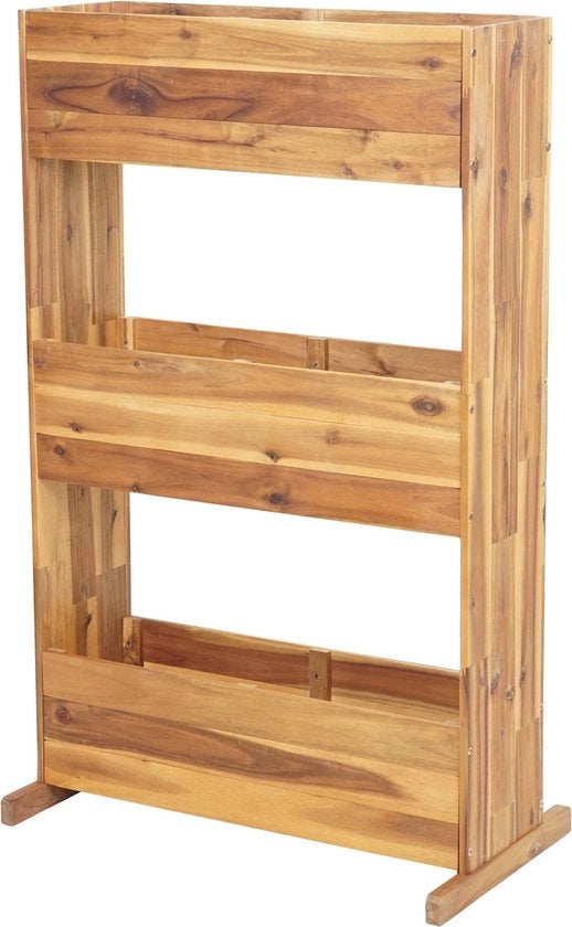 Bacino per piante in legno di acacia, altezza regolabile, 115x71x40cm, esterno, certificato MVG, 3 file di colore moka