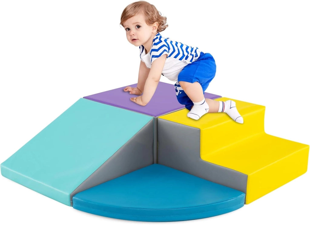 Set di Blocchi in Schiuma per Bambini 4 Pezzi, Set di Costruzioni Morbide in PU + EPE per Sviluppo dei Bambini, Gioco Attivo Interno per Arrampicarsi e Gattonare (Blu)