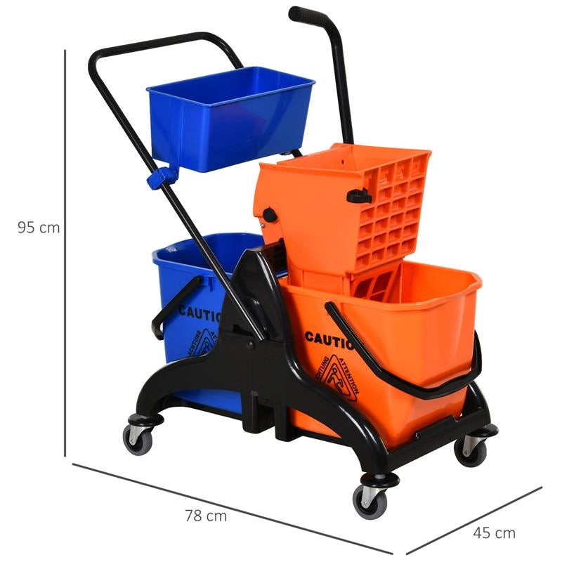 CARRELLO PULIZIE PROFESSIONALE DA 26L CON 2 SECCHI LAVAPAVIMENTI, IN PLASTICA E METALLO, 78X45X95 CM, ARANCIO BLU