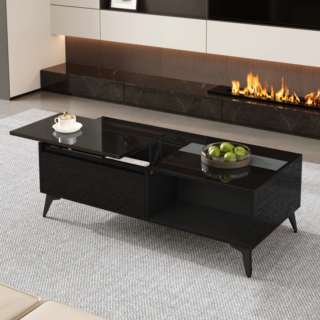 OKWISH Tavolino da Salotto con Piano Sollevabile, Vano Contenitore e Ripiani Aperti, Finitura Lucida, Nero, 110 x 50 x 48 cm