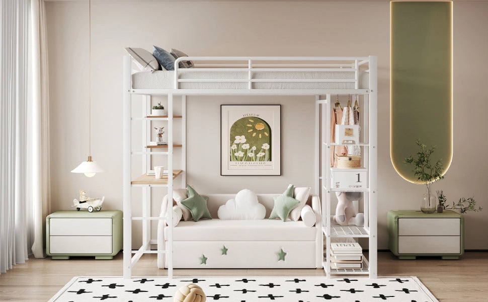 Letto a castello in metallo con scrivania; ripiani; armadio laterale e scala; bianco; 90x200 cm