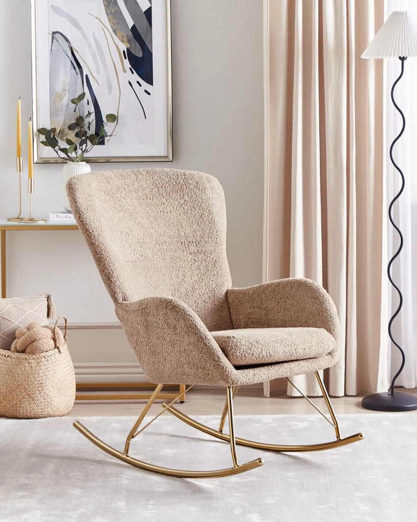Sedia a dondolo in tessuto poliestere boucle beige Rivestimento in metallo Gambe a pattini Design tradizionale e retrò