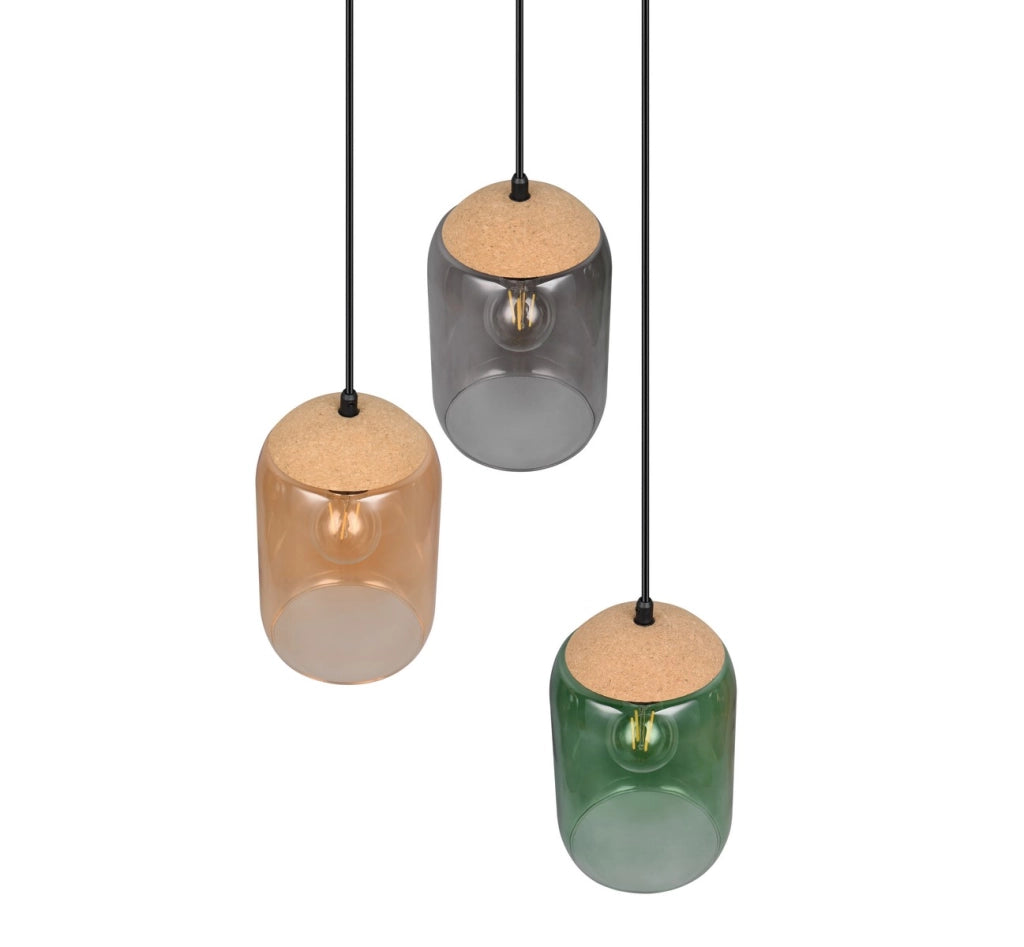 Sospensione Trio CORK nera 3 luci vetro colorato E27