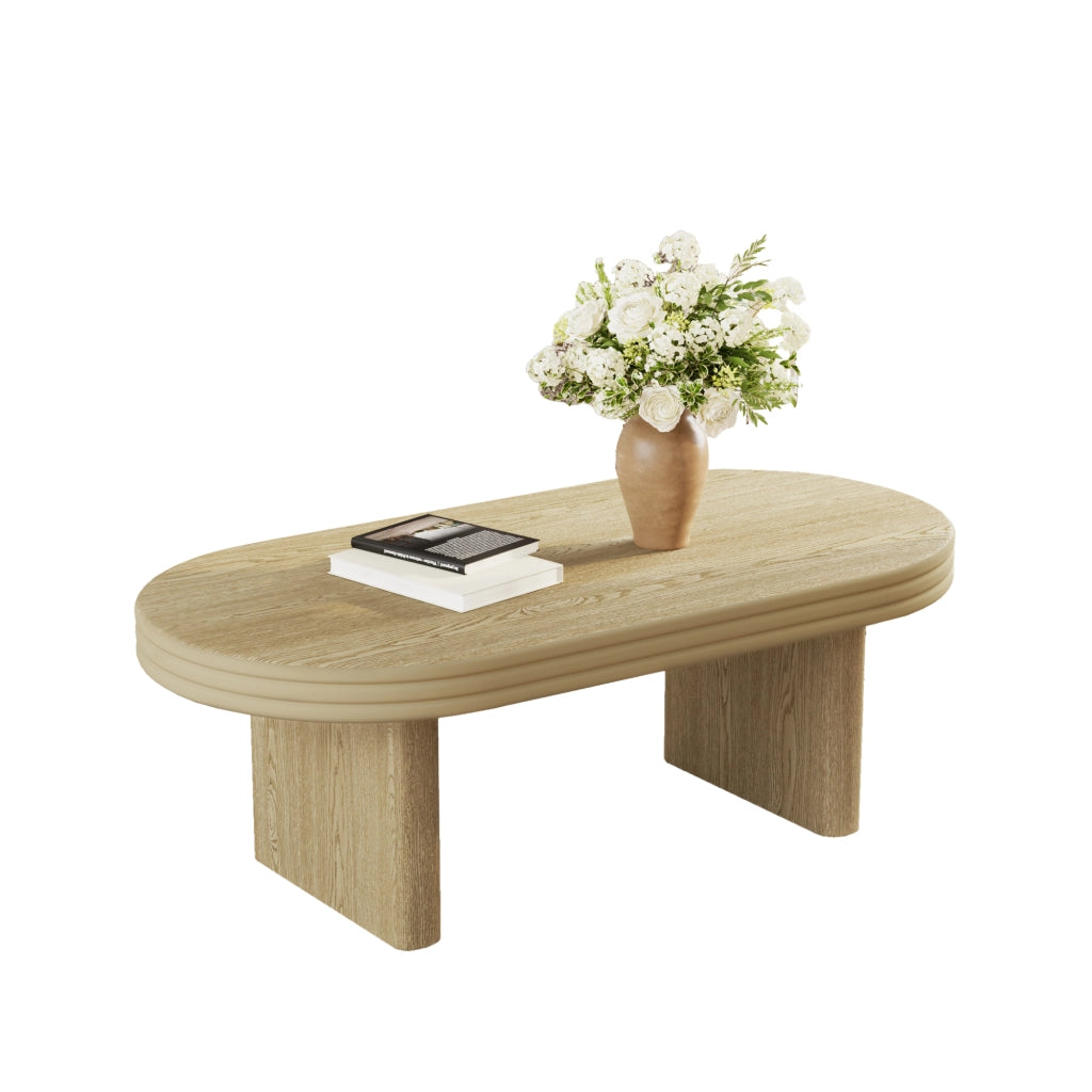 Tavolino da salotto ovale con piano ampio; per soggiorno; in MDF; 120 × 60 × 41.5 cm; naturale