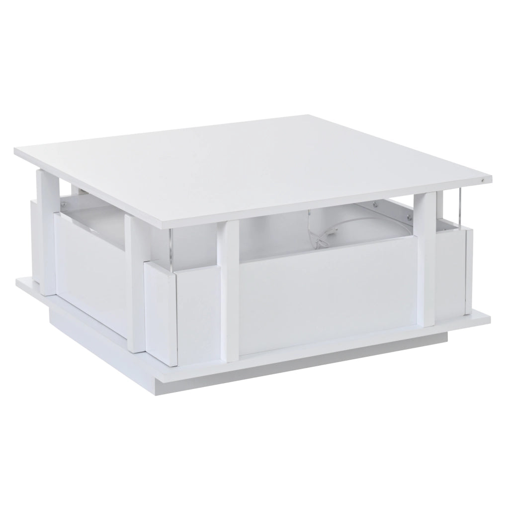 Tavolino da caffè quadrato 70x70x35 cm con 2 cassetti; LED e finitura lucida bianca