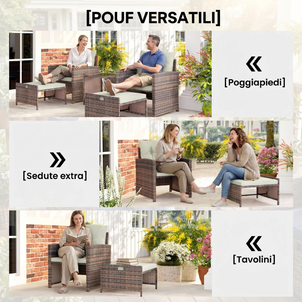 Set Giardino in PolyRattan e Acciaio 5 Pezzi con 2 Sedie, 2 Pouf e Tavolino da Caff¨¨ ¨C ZephMum ¨C Marrone e Crema