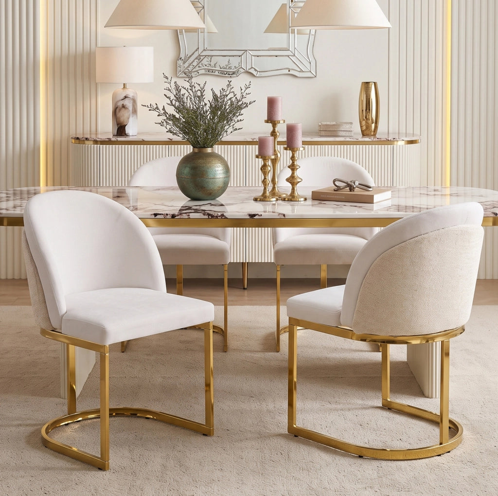 Set di 4 sedie con doppio schienale e gambe in metallo galvanizzato; chenille beige e oro