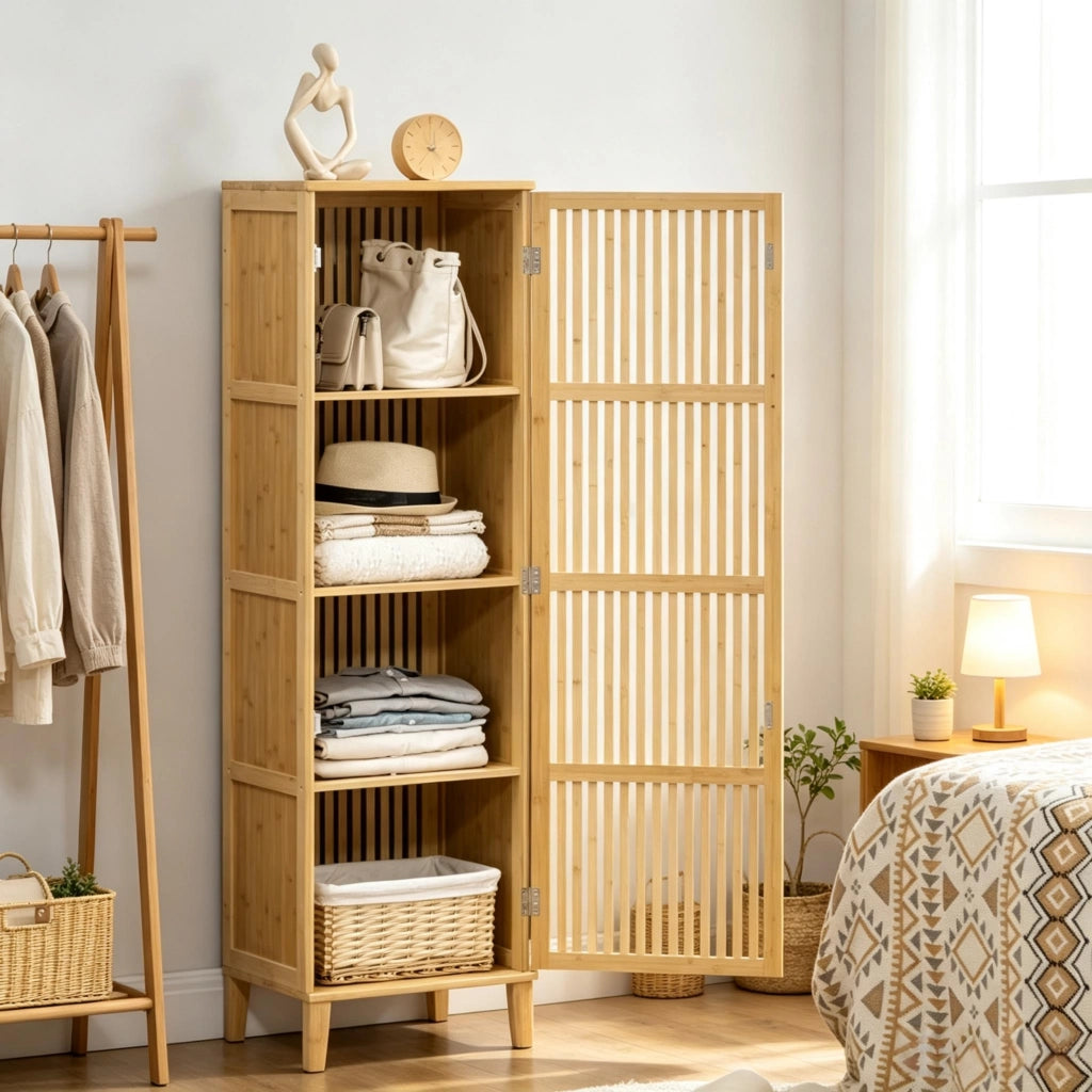 ARMADIO Portaoggetti in Bambù 40x30x140 cm Naturale con 4 ripiani