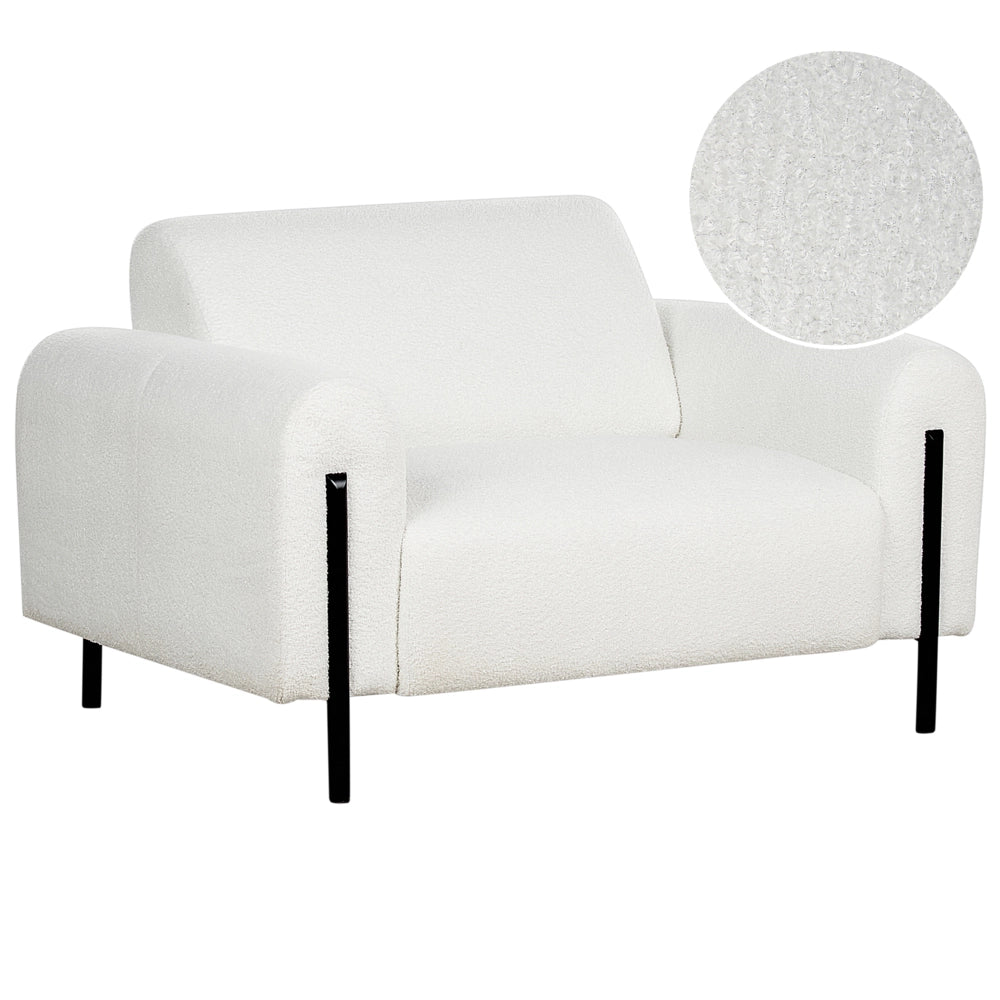 Poltrona in tessuto bouclè bianco schienale regolabile gambe in metallo stile moderno