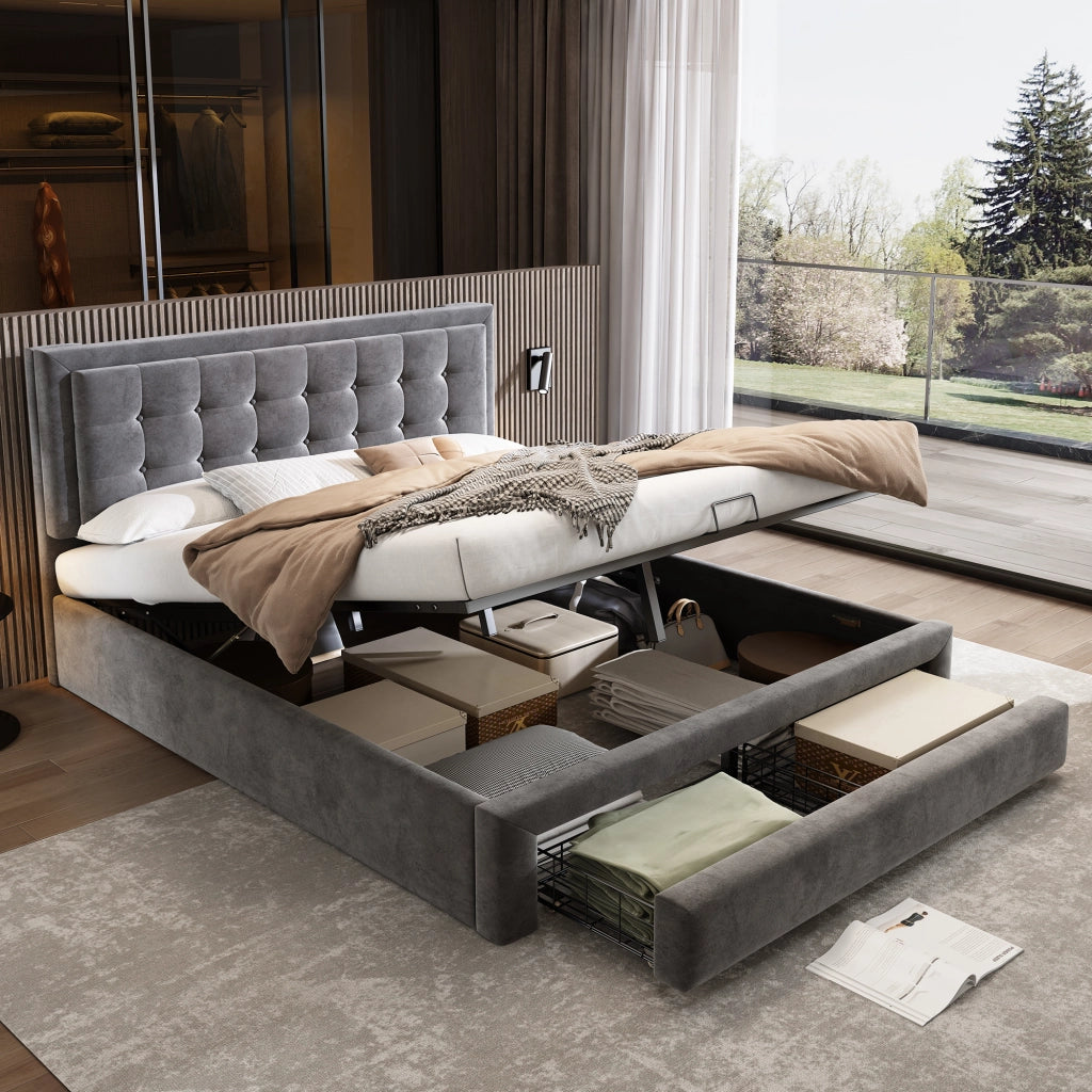 Letto Contenitore 160 x 200 cm; Letto Matrimoniale con Testiera Regolabile e Cassetti; senza Materasso; Grigio