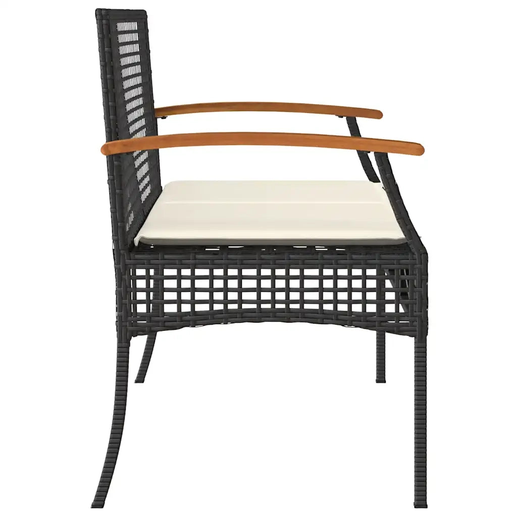 Panchina da Giardino | Panca da Giardino con Cuscino Nera in Polyrattan e Legno Acacia