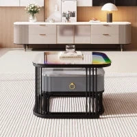 Set di 2 Tavolini da Salotto Impilabili con Piano in Marmo Lucido e Vetro, Struttura in Metallo e Cassetti, 60x60x42 cm + 50x50x34 cm, Nero