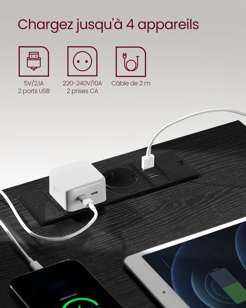 Comodino con multipresa tavolino laterale con 3 cassetti 2 prese CA 2 porte USB frontali dei cassetti smussati per soggiorno camera da letto ufficio moderno nero 12_0007611