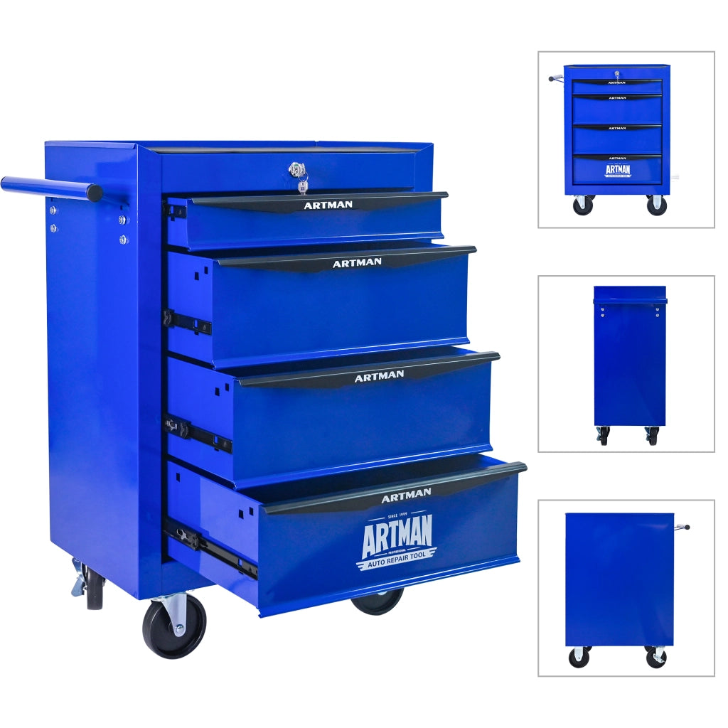 Cassettiera con ruote in acciaio con 4 cassetti e guide a sfere per garage e officina nero blu 60 × 33 × 77,5 cm
