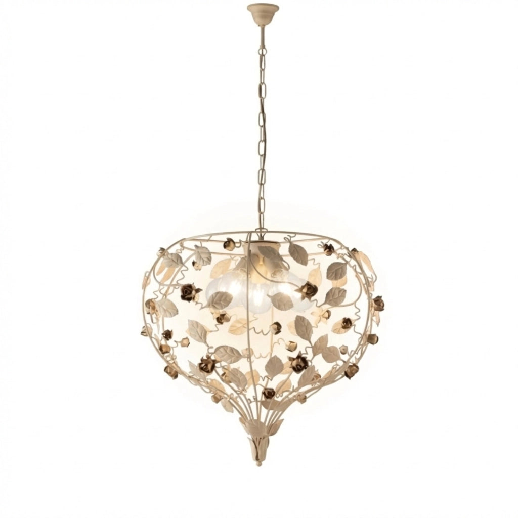 Lampadario Shabby Chic Bella Metallo Avorio Oro 5 Luci E27