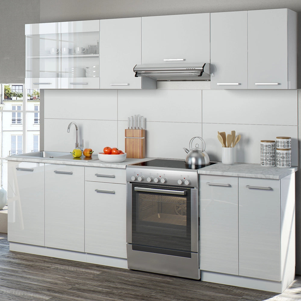 Vicco Mobile da cucina Bianco lucido 240 cm , PL Marmo con striscia LED