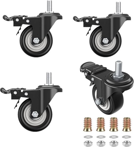 4 x ruote per mobili con freno, M10 x 25 mm ruote inclinabili per mobili, ruote pesanti, nero, carico massimo 280 kg, ruote inclinabili con freno, 360° girevoli, per mobili, carri, attrezzature industriali