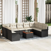 Set Divano da Giardino 10 Pezzi con Cuscini Nero in Polyrattan e Acacia
