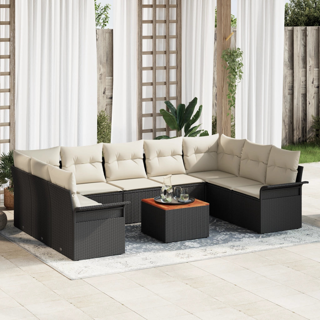 Set Divano da Giardino 10 Pezzi con Cuscini Nero in Polyrattan e Acacia