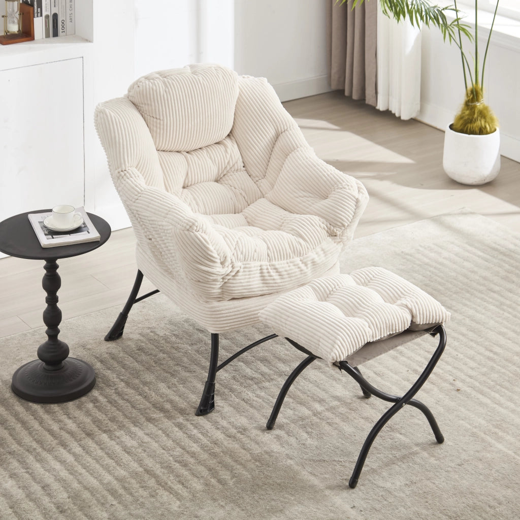 Fauteuil con pouf e tasca laterale con braccioli in acciaio e cotone PP bianco per soggiorno, relax e giardino