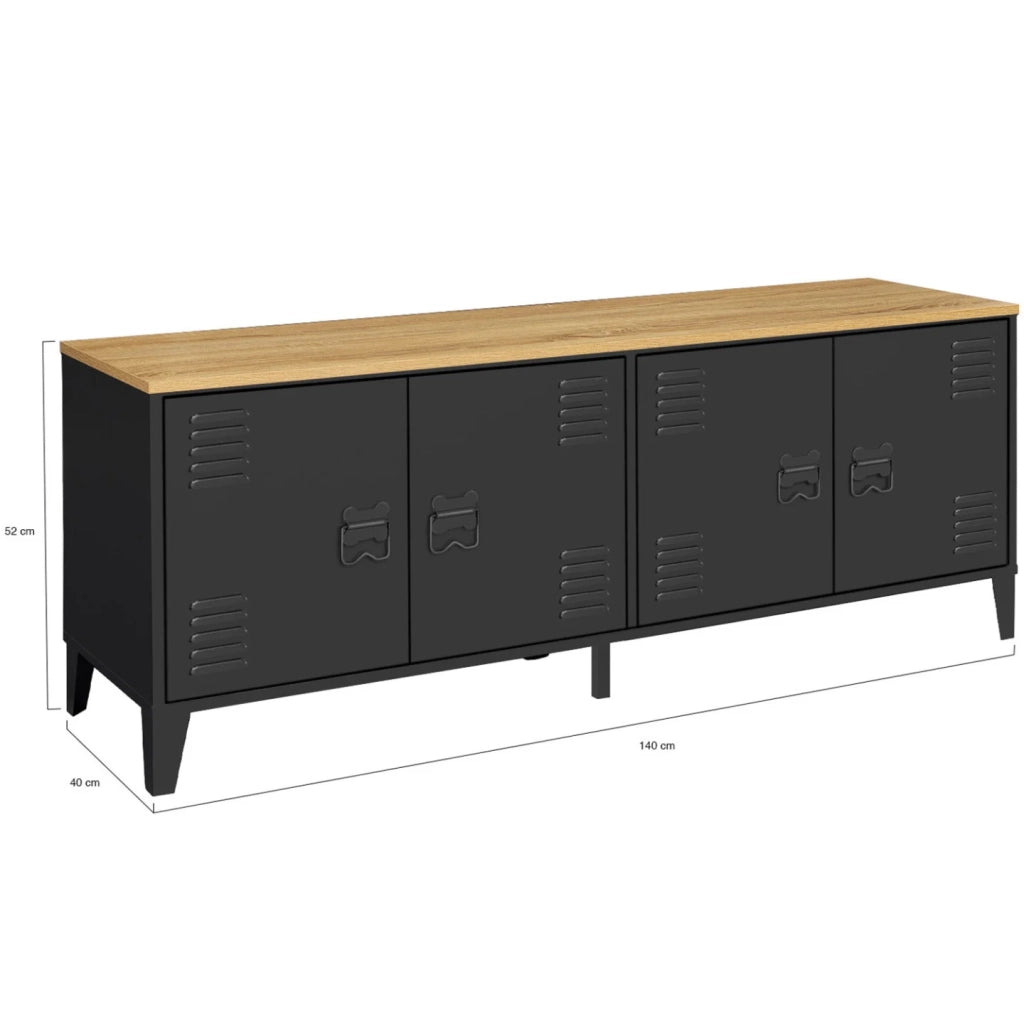 IDMarket - Credenza bassa ESTER 140 cm con 4 ante in metallo nero e piano in legno dal design industriale