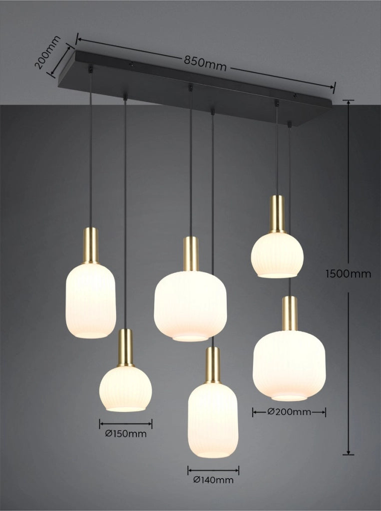 Sospensione Trio DIVA nera/ottone 6xE27 vetro bianco