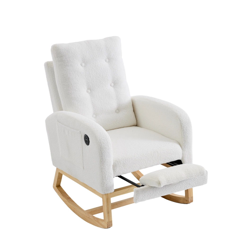 Sedia a dondolo in boucl¨¦ bianco con braccioli, tasche laterali, poggiapiedi estraibile e porte USB/USB-C, 66,5 x 121,5 x 102 cm