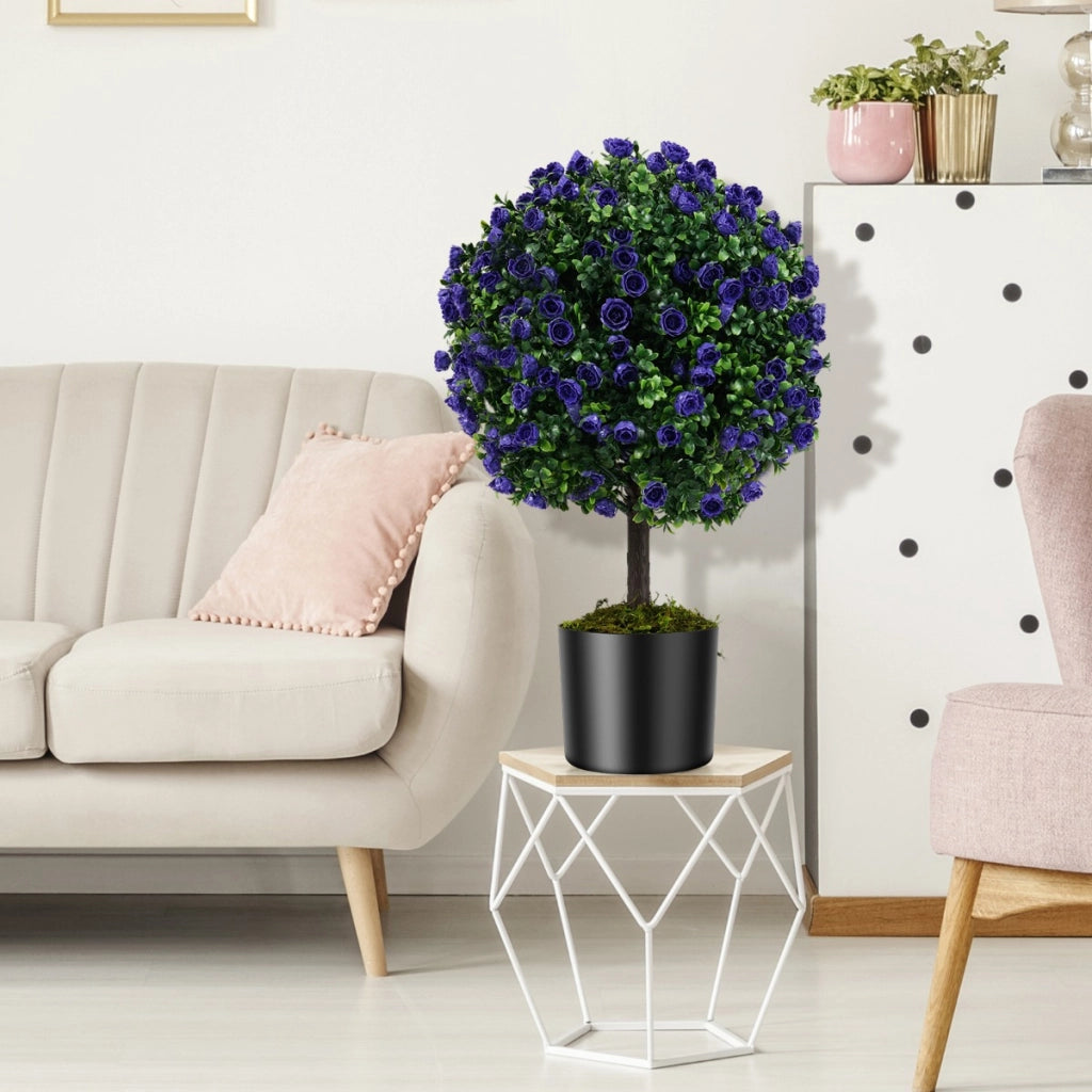 Alberi di topiario pianta finta resistente al sole per interni ed esterni, Set di 2 alberi di topiario artificiale con rose Viola-Piante artificiali
