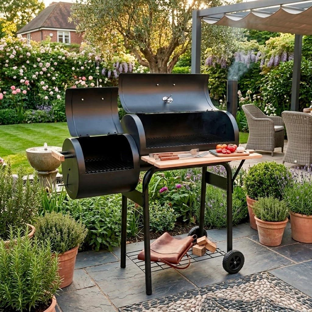 Barbecue A Carbone Con Camera Affumicatrice Laterale BBQ Termometro Integrato Griglie In Acciaio Cromato Ripiano E Maniglie In Legno Con Ruote 109.5 x 59 x 116 Cm Nero